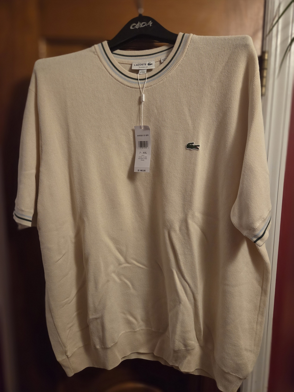 Lacoste Men's Cream Short-Sleeve Pique Shirt with Green Croc